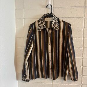 la prestic oiuston striped and leopard print silk button up top